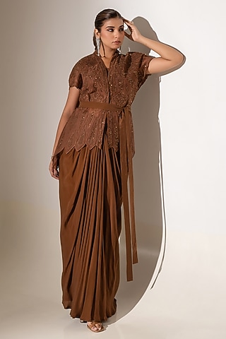 Brown Crepe & Net Geometric Embellished Skirt Set by K-ANSHIKA Jaipur