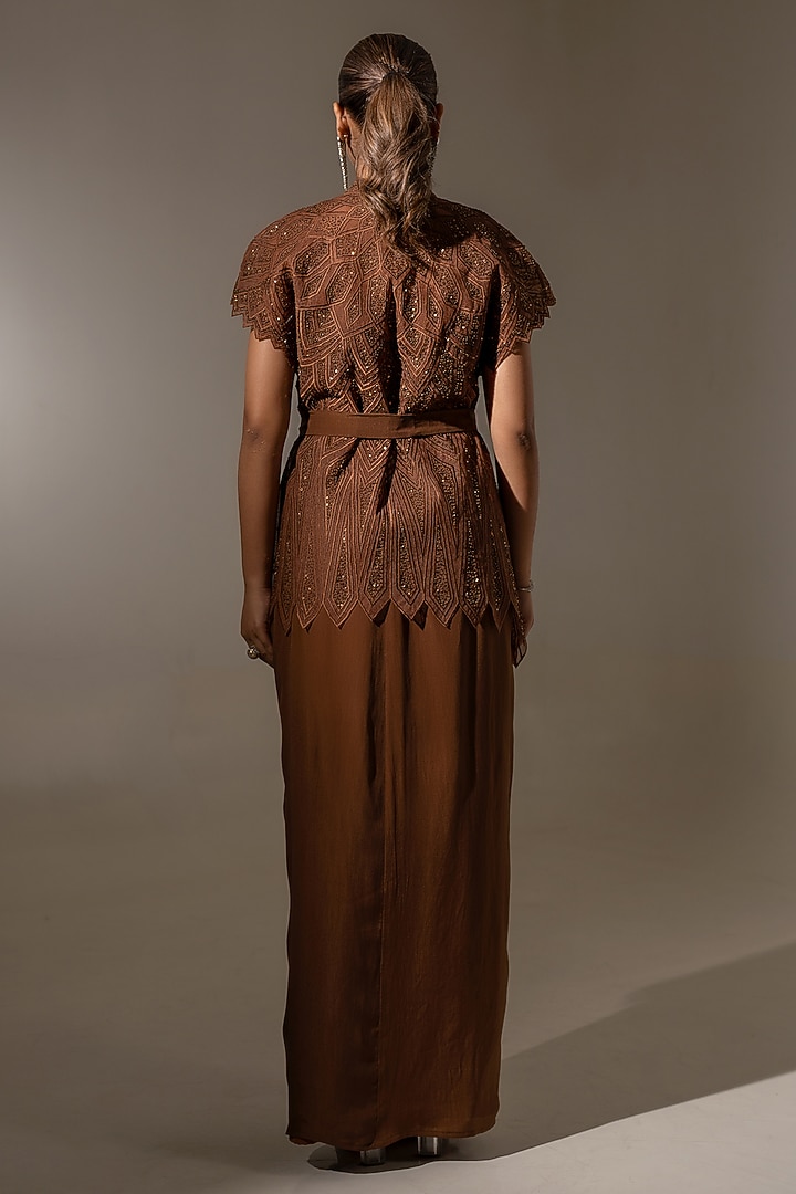 Brown Crepe & Net Geometric Embellished Skirt Set by K-ANSHIKA Jaipur at Pernia's Pop Up Shop