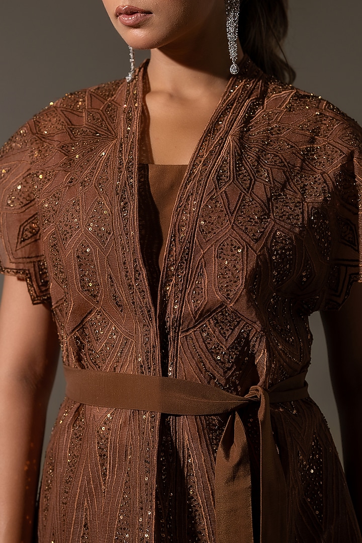 Brown Crepe & Net Geometric Embellished Skirt Set by K-ANSHIKA Jaipur at Pernia's Pop Up Shop