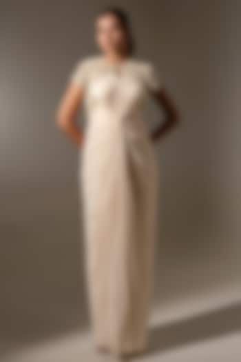 Off White Georgette & Net Embellished Draped Engagement Gown by K-ANSHIKA Jaipur at Pernia's Pop Up Shop
