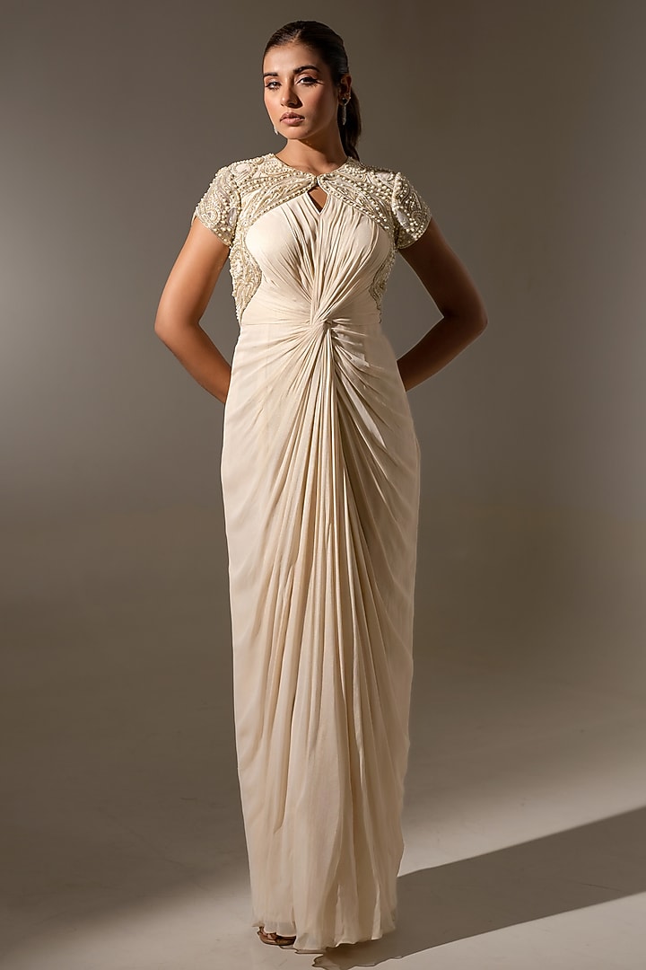 Off White Georgette & Net Embellished Draped Engagement Gown by K-ANSHIKA Jaipur at Pernia's Pop Up Shop