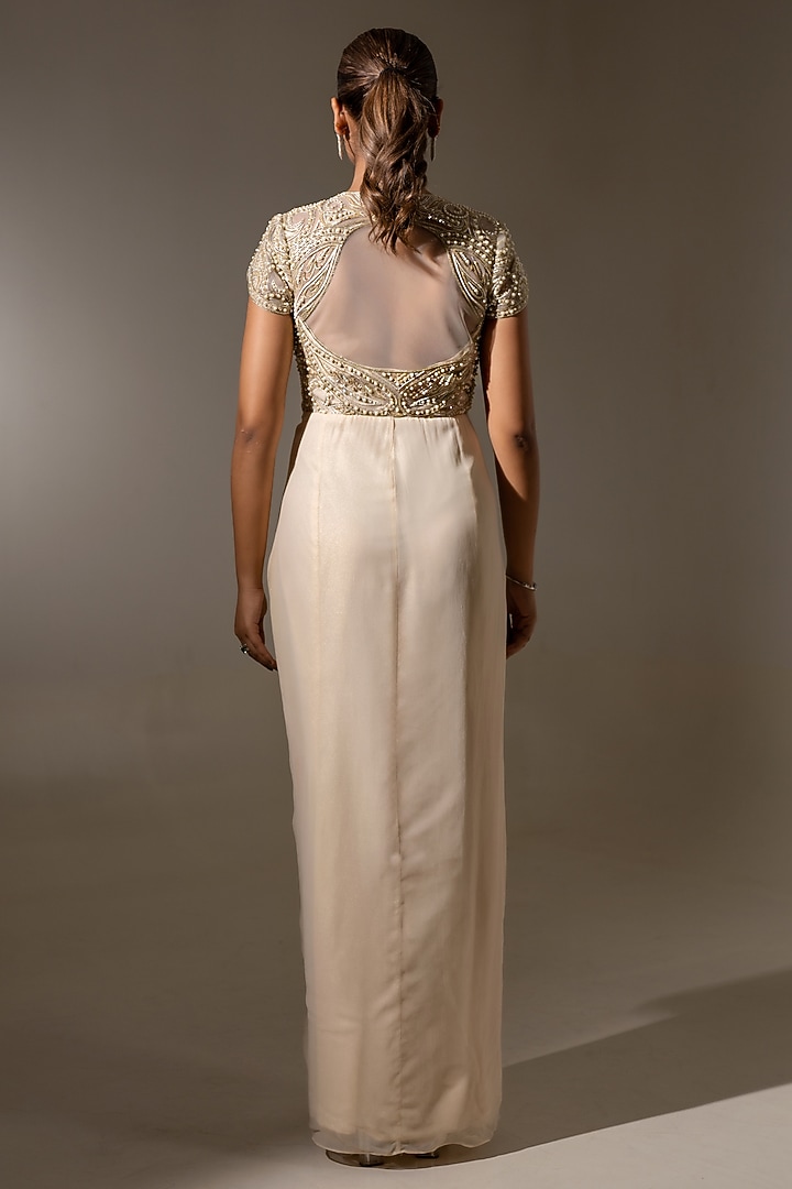 Off White Georgette & Net Embellished Draped Engagement Gown by K-ANSHIKA Jaipur at Pernia's Pop Up Shop