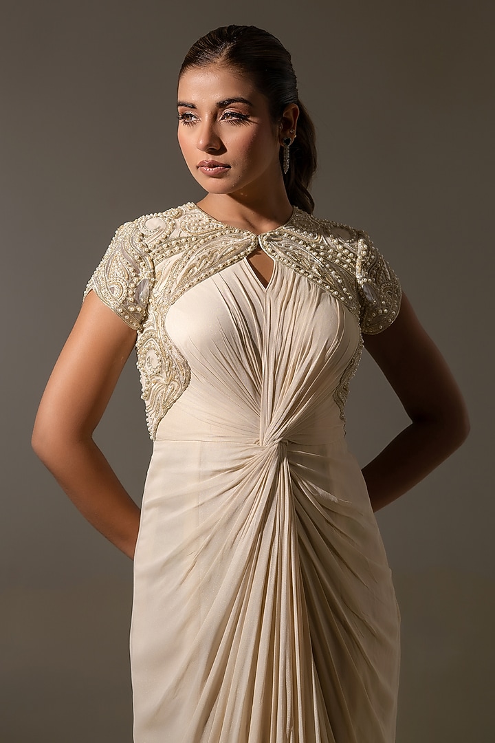 Off White Georgette & Net Embellished Draped Engagement Gown by K-ANSHIKA Jaipur at Pernia's Pop Up Shop