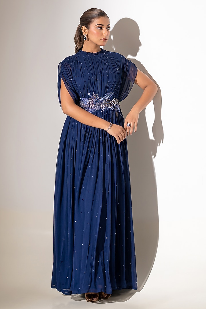 Blue Georgette Embellished Pleated Engagement Gown by K-ANSHIKA Jaipur at Pernia's Pop Up Shop