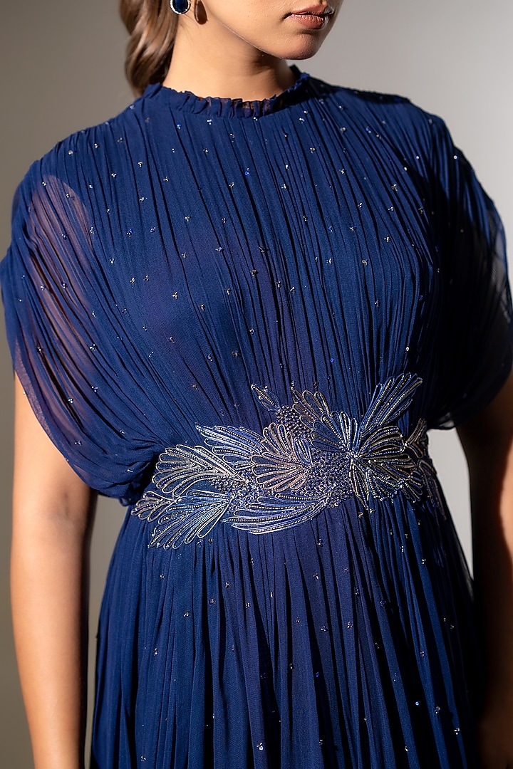 Blue Georgette Embellished Pleated Engagement Gown by K-ANSHIKA Jaipur at Pernia's Pop Up Shop