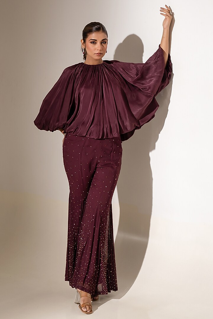 Wine Crepe & Georgette Embellished Flared Pants Set by K-ANSHIKA Jaipur at Pernia's Pop Up Shop