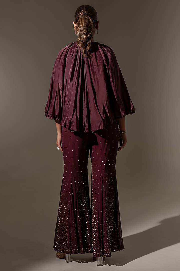 Wine Crepe & Georgette Embellished Flared Pants Set by K-ANSHIKA Jaipur at Pernia's Pop Up Shop