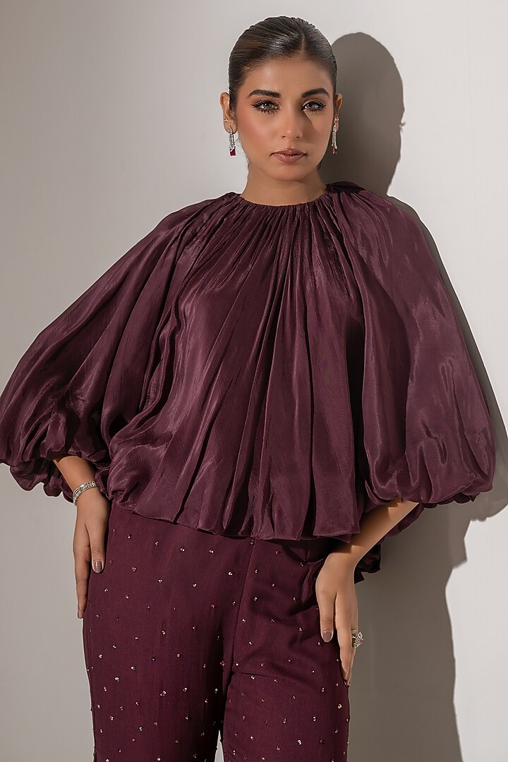 Wine Crepe & Georgette Embellished Flared Pants Set by K-ANSHIKA Jaipur at Pernia's Pop Up Shop