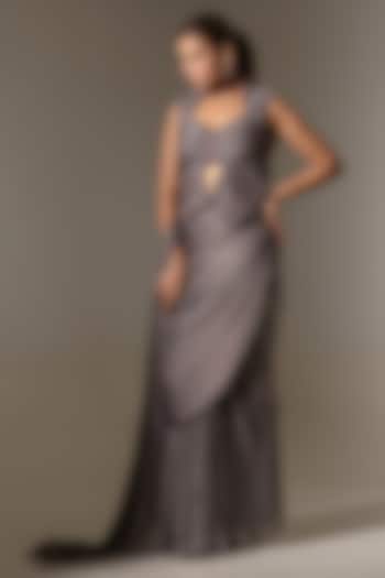 Grey Viscose Silk Satin Georgette Sequin Embellished Pre-Draped Wedding Saree Set by K-ANSHIKA Jaipur at Pernia's Pop Up Shop
