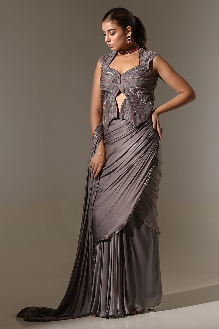 Grey Viscose Silk Satin Georgette Sequin Embellished Pre-Draped Wedding Saree Set by K-ANSHIKA Jaipur at Pernia's Pop Up Shop