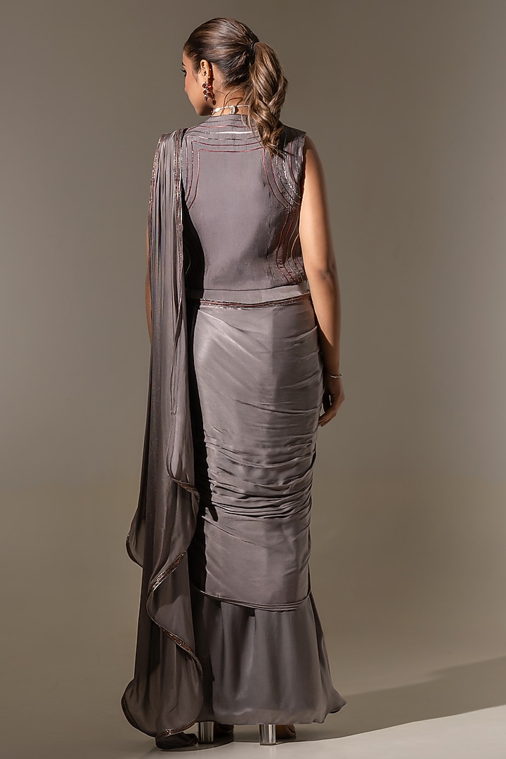 Grey Viscose Silk Satin Georgette Sequin Embellished Pre-Draped Wedding Saree Set by K-ANSHIKA Jaipur at Pernia's Pop Up Shop