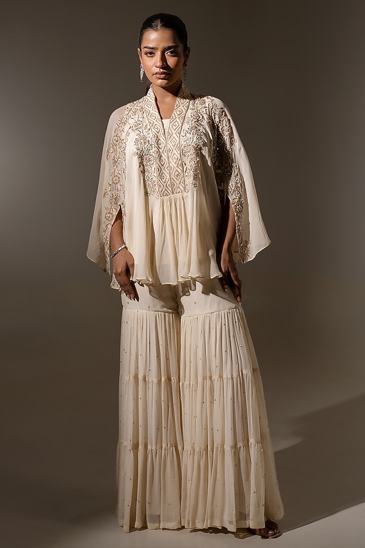 Off White Georgette Pearl Embellished Wedding Sharara Set by K-ANSHIKA Jaipur at Pernia's Pop Up Shop