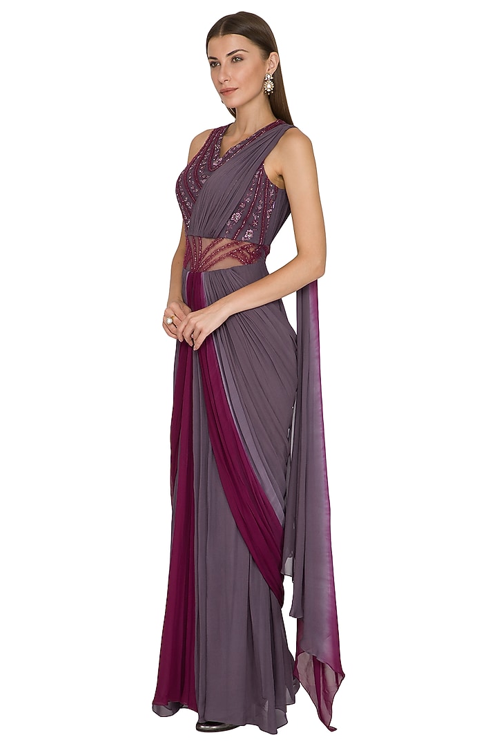 Wine Embroidered Wedding Gown Saree by K-ANSHIKA Jaipur at Pernia's Pop Up Shop