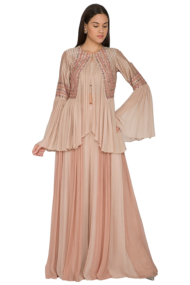 Nude Embroidered Jacket With Palazzo Pants by K-ANSHIKA Jaipur