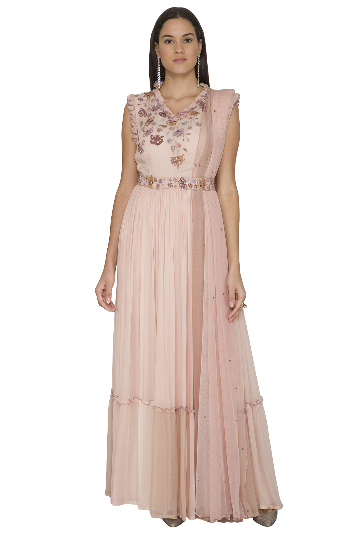Beige Embroidered Gown With Dupatta & Belt by K-ANSHIKA Jaipur at Pernia's Pop Up Shop