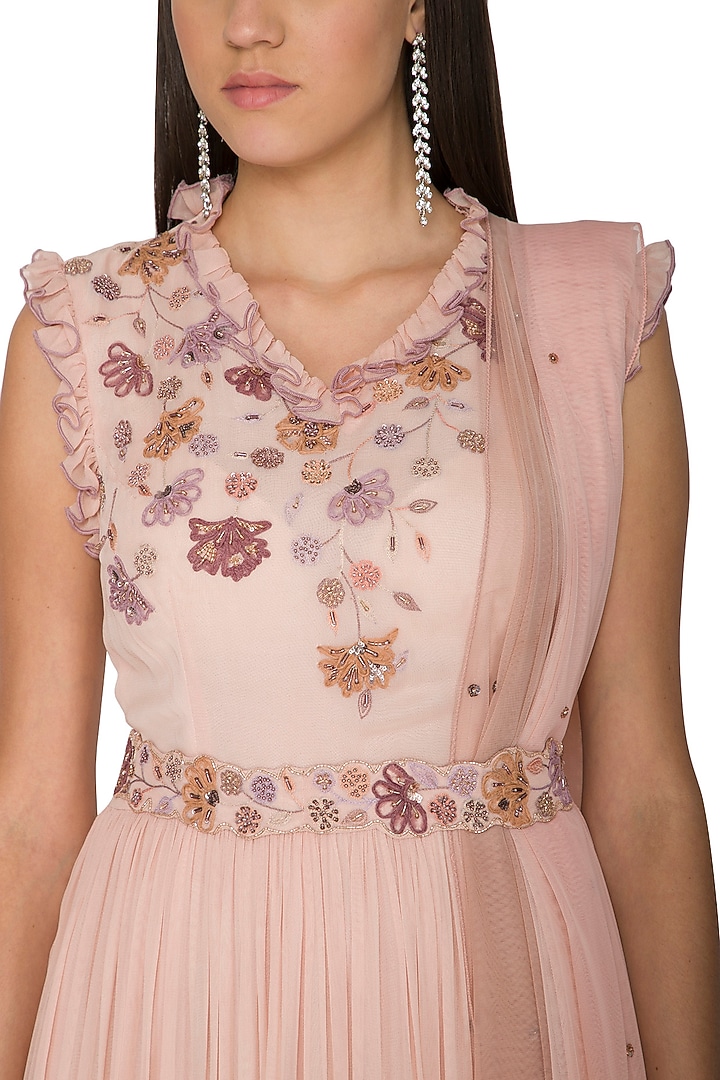 Beige Embroidered Gown With Dupatta & Belt by K-ANSHIKA Jaipur at Pernia's Pop Up Shop