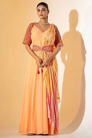 Peach Georgette Leheriya Draped Saree Set by K-ANSHIKA Jaipur