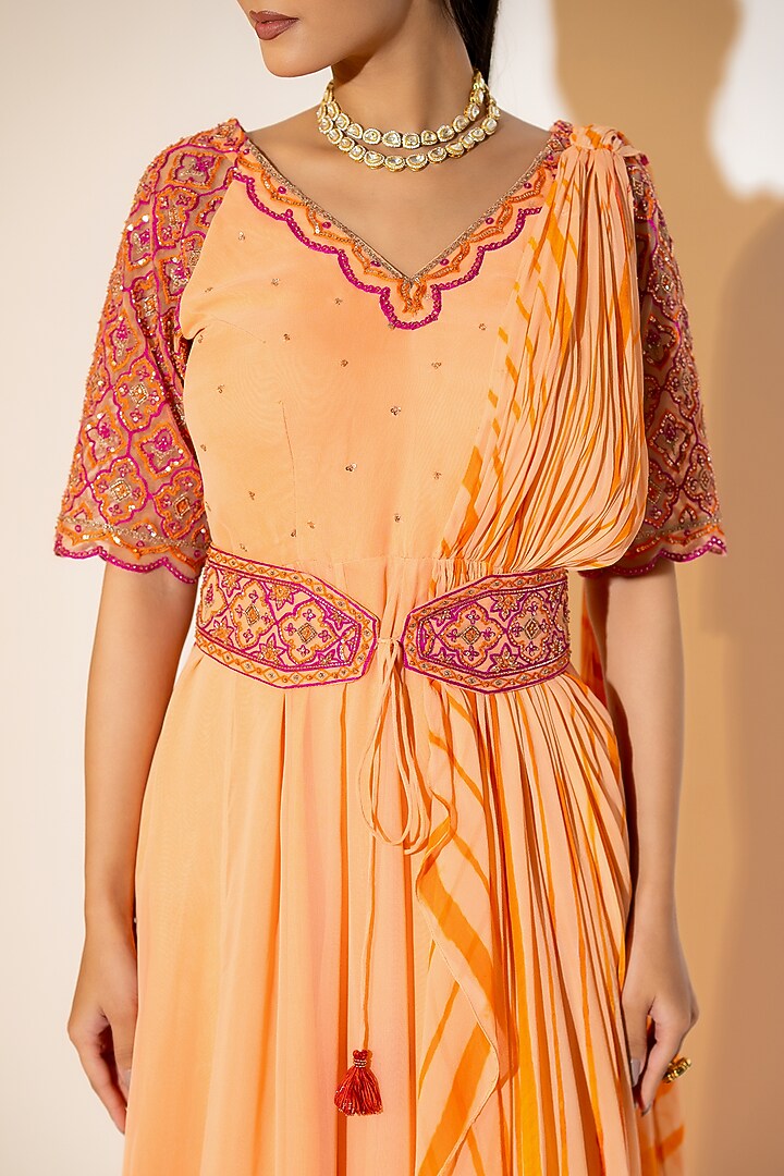 Peach Georgette Leheriya Draped Wedding Saree Set by K-ANSHIKA Jaipur at Pernia's Pop Up Shop