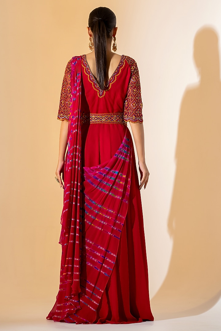 Red Georgette Leheriya Draped Wedding Saree Set by K-ANSHIKA Jaipur at Pernia's Pop Up Shop