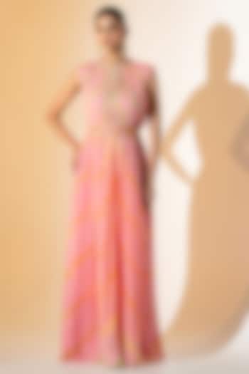 Peach Georgette Leheriya Party Wear Gown With Belt by K-ANSHIKA Jaipur at Pernia's Pop Up Shop