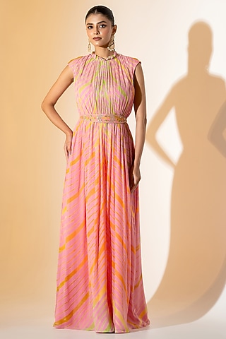 Peach Georgette Leheriya Gown With Belt by K-ANSHIKA Jaipur