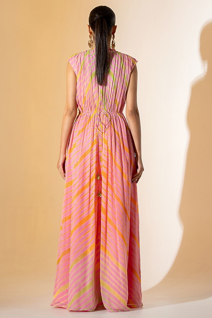 Peach Georgette Leheriya Party Wear Gown With Belt by K-ANSHIKA Jaipur at Pernia's Pop Up Shop