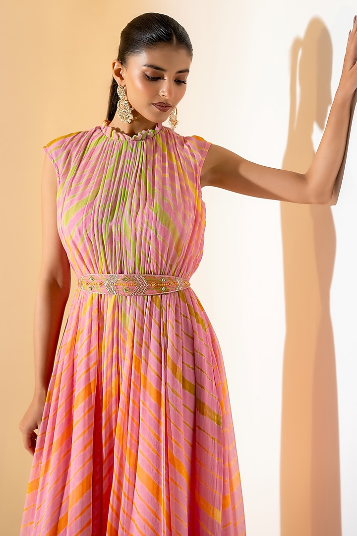 Peach Georgette Leheriya Party Wear Gown With Belt by K-ANSHIKA Jaipur at Pernia's Pop Up Shop