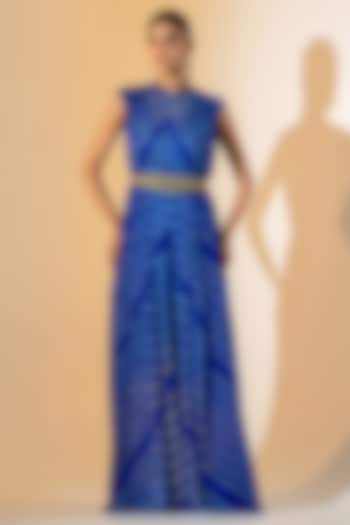 Electric Blue Georgette Leheriya Party Wear Gown With Belt by K-ANSHIKA Jaipur at Pernia's Pop Up Shop