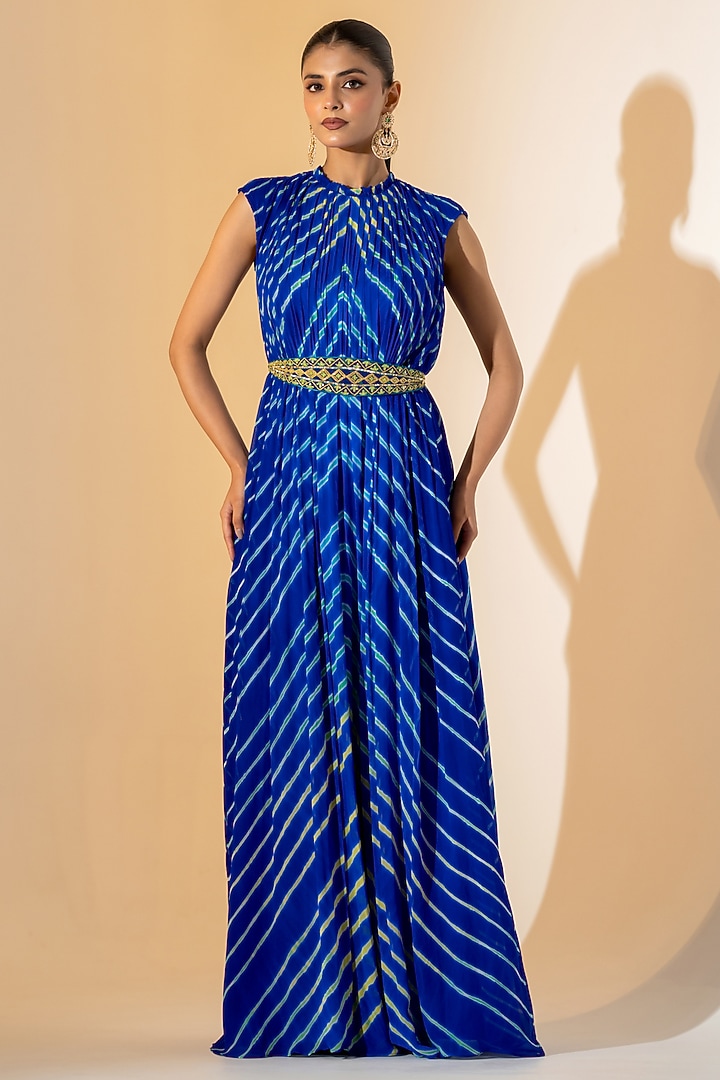 Electric Blue Georgette Leheriya Party Wear Gown With Belt by K-ANSHIKA Jaipur at Pernia's Pop Up Shop