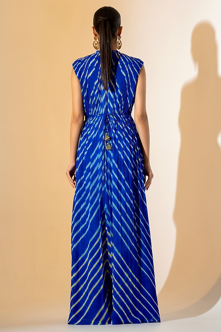 Electric Blue Georgette Leheriya Party Wear Gown With Belt by K-ANSHIKA Jaipur at Pernia's Pop Up Shop