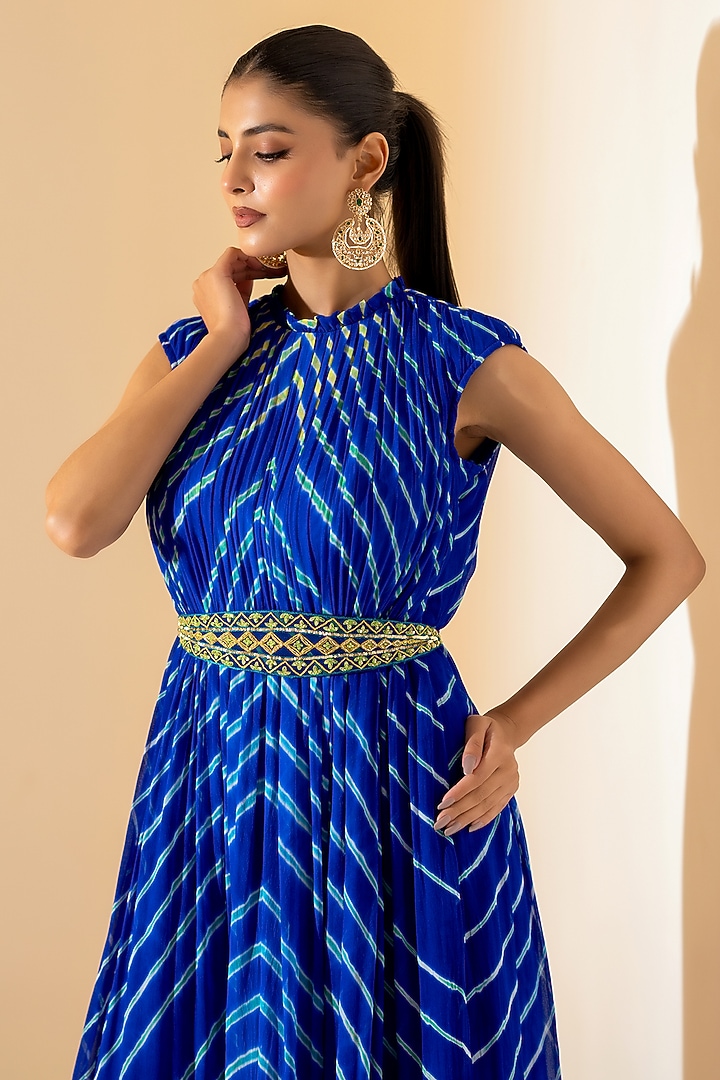 Electric Blue Georgette Leheriya Party Wear Gown With Belt by K-ANSHIKA Jaipur at Pernia's Pop Up Shop