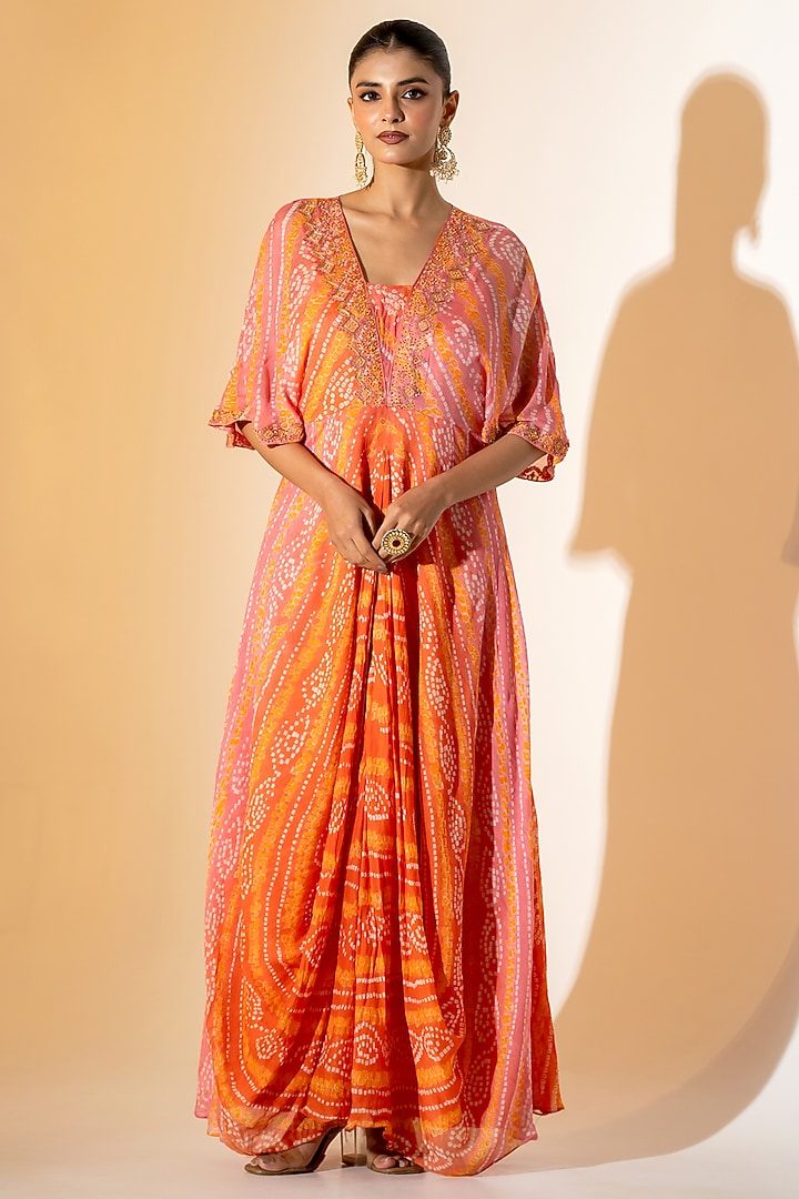 Orange & Peach Georgette Bandhani Cowl Summer Dress by K-ANSHIKA Jaipur at Pernia's Pop Up Shop