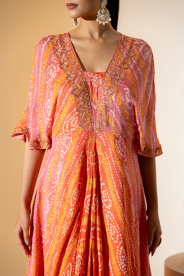 Orange & Peach Georgette Bandhani Cowl Vacation Dress by K-ANSHIKA Jaipur at Pernia's Pop Up Shop
