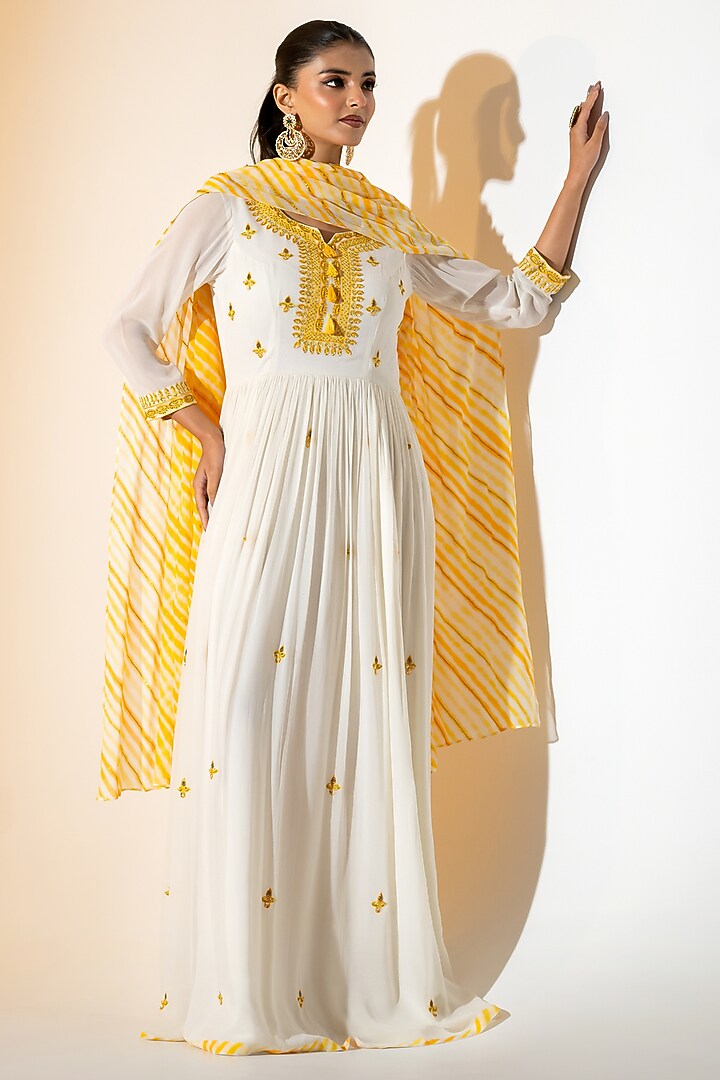 Off-White Georgette Thread Embroidered Party Wear Anarkali Set by K-ANSHIKA Jaipur at Pernia's Pop Up Shop