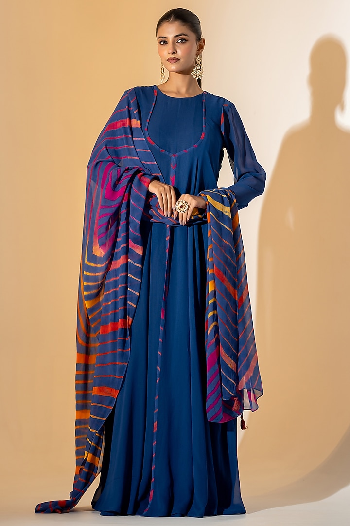 Blue Georgette Leheriya Party Wear Anarkali Set by K-ANSHIKA Jaipur at Pernia's Pop Up Shop