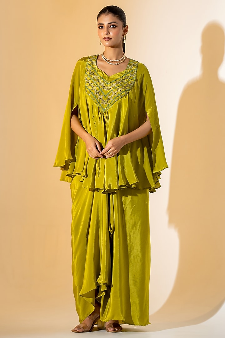 Olive Green Crepe Draped Skirt Set by K-ANSHIKA Jaipur at Pernia's Pop Up Shop