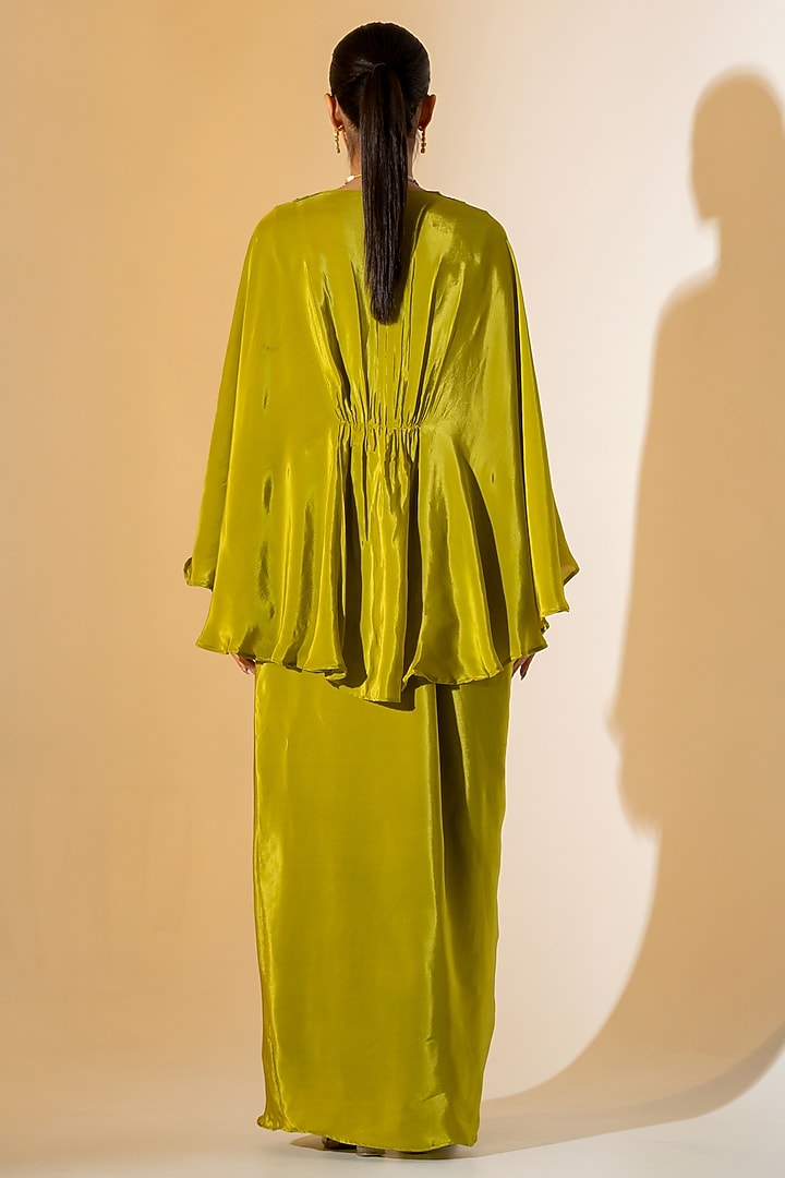 Olive Green Crepe Draped Skirt Set by K-ANSHIKA Jaipur at Pernia's Pop Up Shop