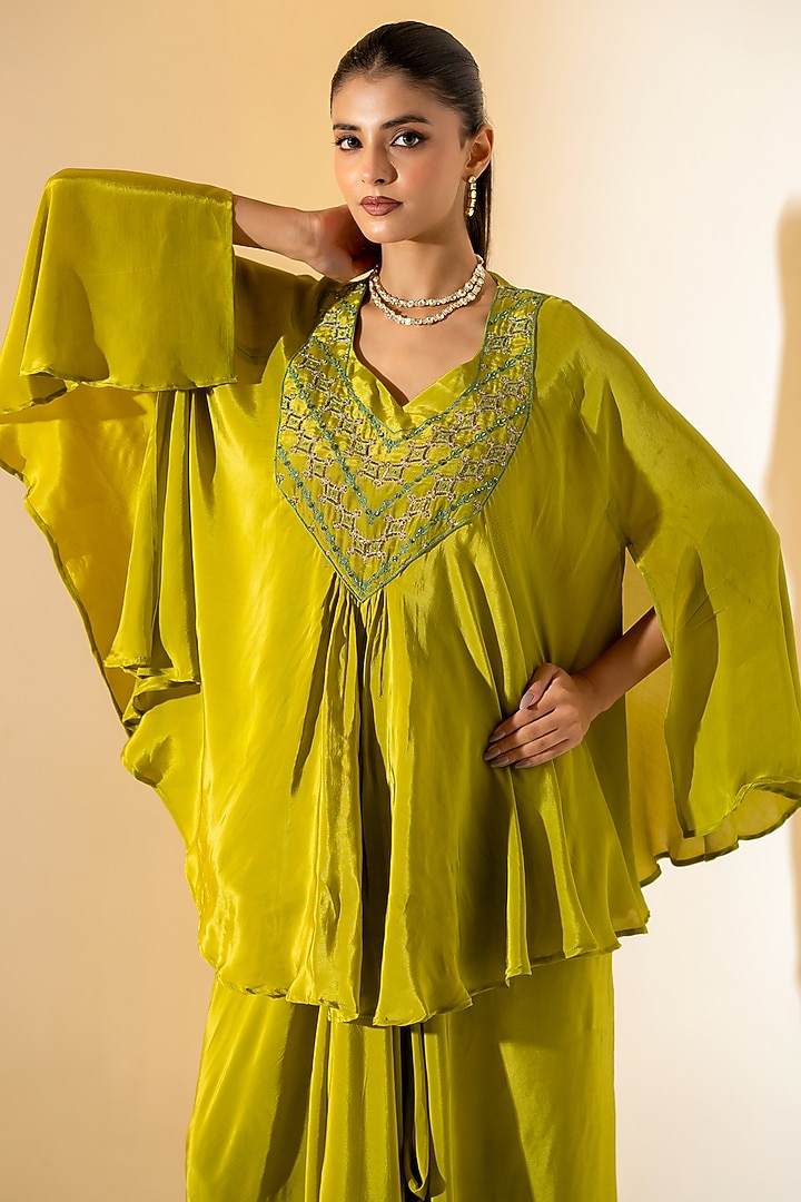 Olive Green Crepe Draped Skirt Set by K-ANSHIKA Jaipur at Pernia's Pop Up Shop