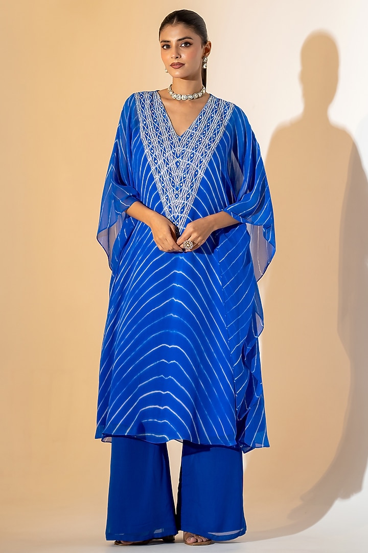 Electric Blue Georgette Leheriya Kaftan Set by K-ANSHIKA Jaipur at Pernia's Pop Up Shop