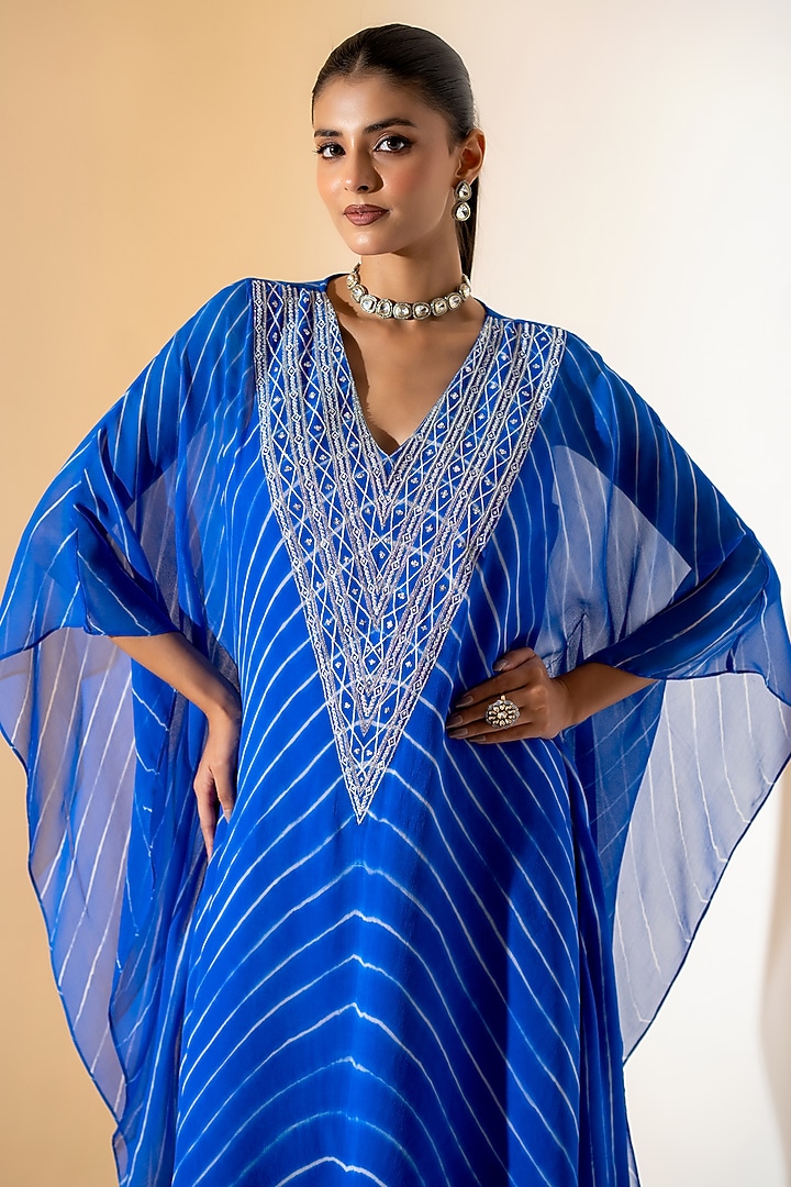 Electric Blue Georgette Leheriya Kaftan Set by K-ANSHIKA Jaipur at Pernia's Pop Up Shop