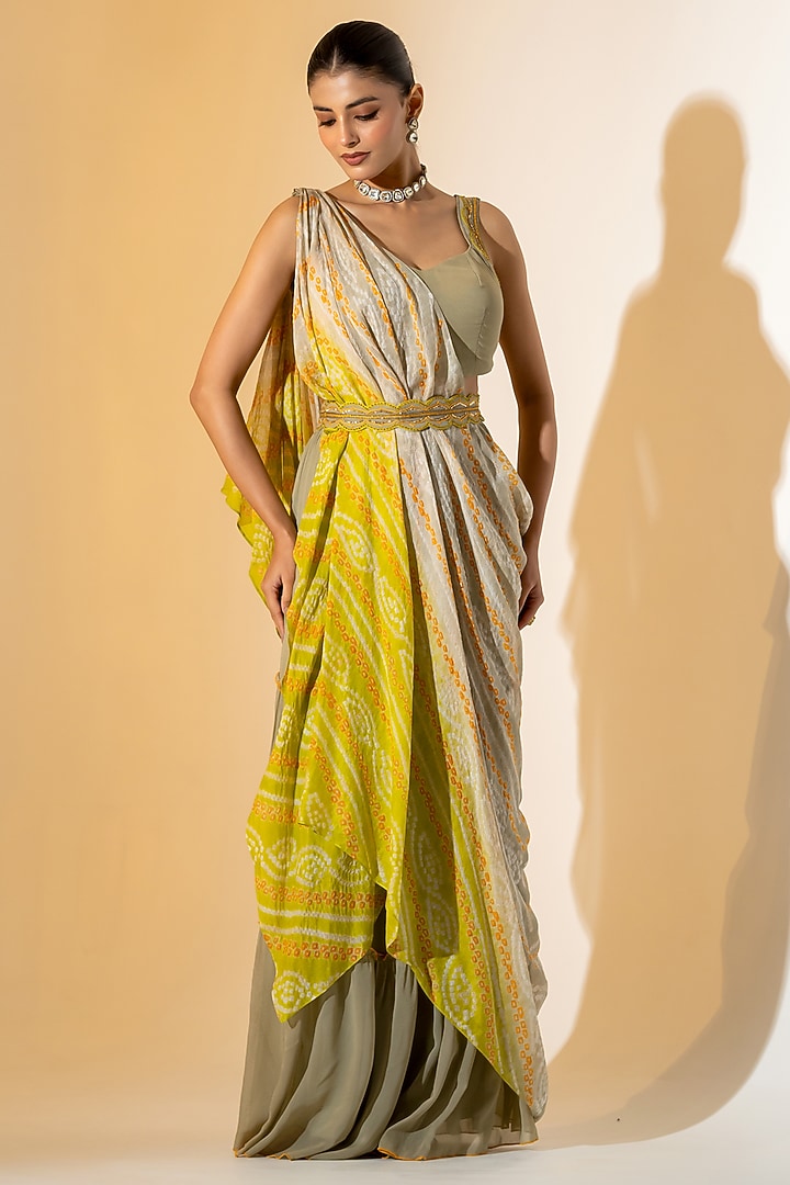 Grey & Olive Green Georgette Bandhani Wedding Lehenga Saree Set by K-ANSHIKA Jaipur at Pernia's Pop Up Shop