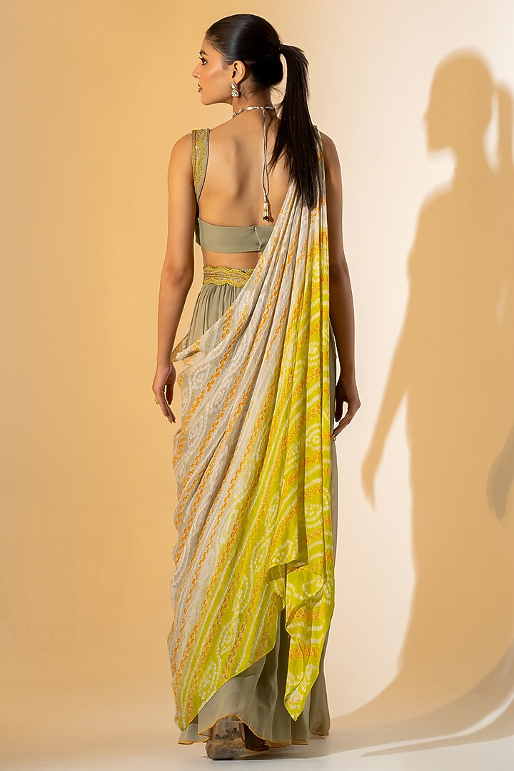 Grey & Olive Green Georgette Bandhani Wedding Lehenga Saree Set by K-ANSHIKA Jaipur at Pernia's Pop Up Shop