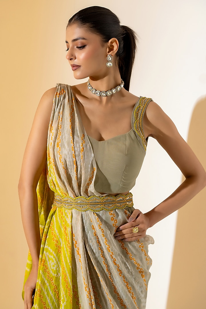 Grey & Olive Green Georgette Bandhani Wedding Lehenga Saree Set by K-ANSHIKA Jaipur at Pernia's Pop Up Shop