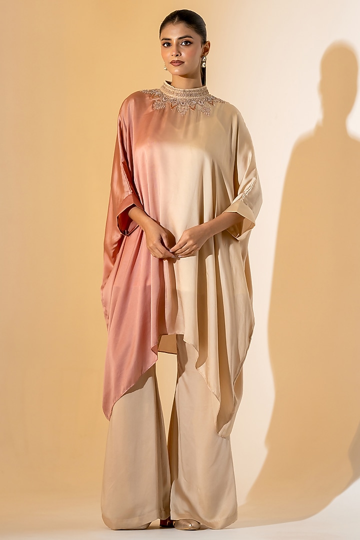 Pink & Beige Ombre Satin Hand Embroidered Co-Ord Set by K-ANSHIKA Jaipur at Pernia's Pop Up Shop