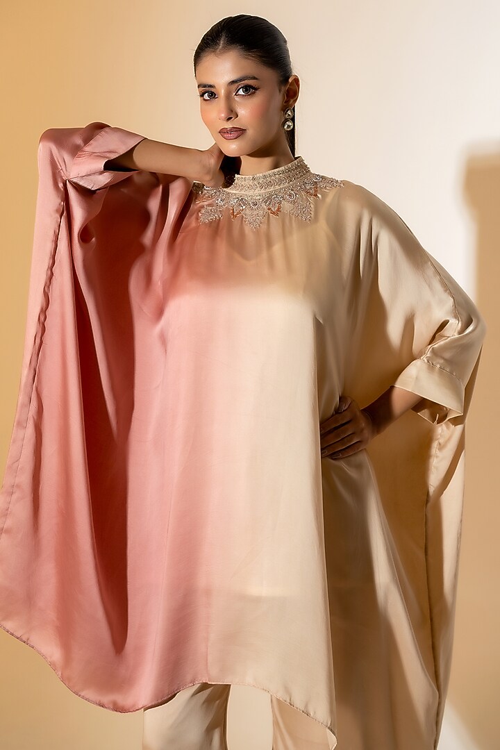 Pink & Beige Ombre Satin Hand Embroidered Co-Ord Set by K-ANSHIKA Jaipur at Pernia's Pop Up Shop