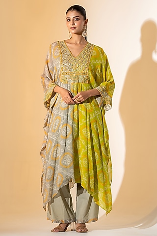 Grey & Olive Green Georgette Bandhani Kurta Set by K-ANSHIKA Jaipur