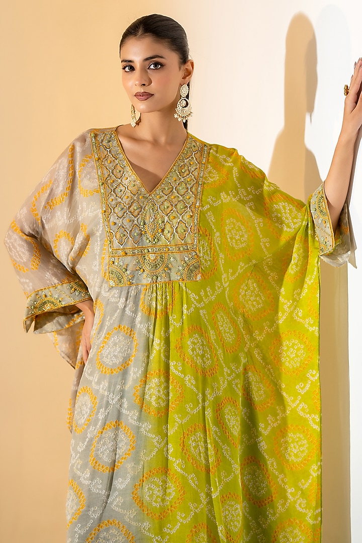 Grey & Olive Green Georgette Bandhani Kurta Set by K-ANSHIKA Jaipur at Pernia's Pop Up Shop