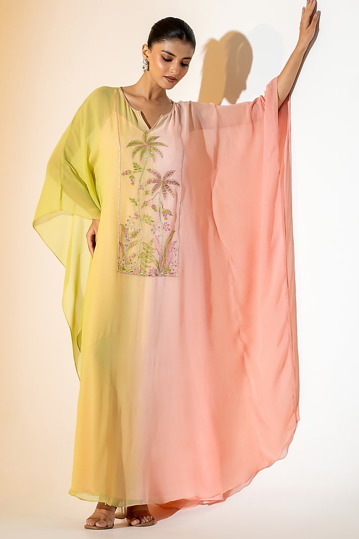 Lime Green & Pink Georgette Palm Embroidered Kaftan Set by K-ANSHIKA Jaipur at Pernia's Pop Up Shop