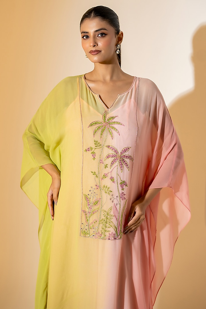 Lime Green & Pink Georgette Palm Embroidered Kaftan Set by K-ANSHIKA Jaipur at Pernia's Pop Up Shop