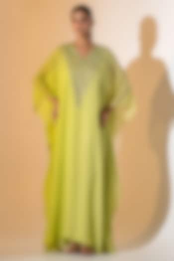 Lime Green Ombre Embroidered Kaftan Set by K-ANSHIKA Jaipur at Pernia's Pop Up Shop